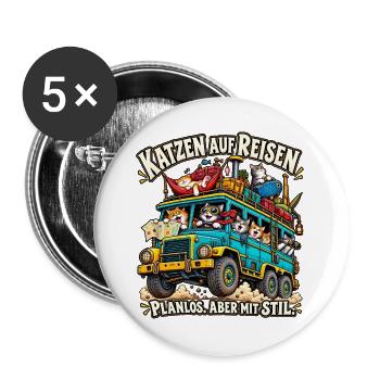 Katzen auf Reisen: Planlos, aber Stil - Buttons groß 56 mm (5er Pack) - Weiß - Vorne