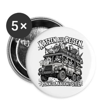 Katzen auf Reisen – Planlos, aber Stil - Buttons groß 56 mm (5er Pack) - Weiß - Vorne