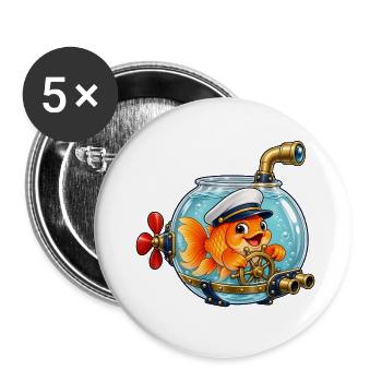 Goldfisch als Kapitän im verrückten Fischglas - Buttons groß 56 mm (5er Pack) - Weiß - Vorne