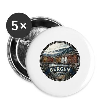 Bergen Norwegen Reiseabzeichen Bryggen Wharf Souvenir - Buttons groß 56 mm (5er Pack) - Weiß - Vorne