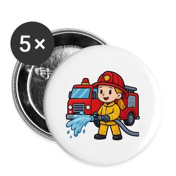 Feuerwehrmädchen mit Löschfahrzeug - Buttons groß 56 mm (5er Pack) - Weiß - Vorne
