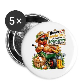 Glückliche Hühner tolle Eier Selbstversorgung - Buttons groß 56 mm (5er Pack) - Weiß - Vorne