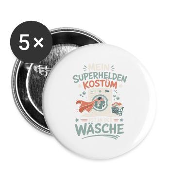 Superhelden Kostüm in der Wäsche - Buttons groß 56 mm (5er Pack) - Weiß - Vorne