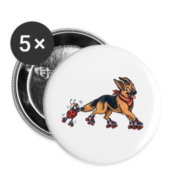Schäferhund und Marienkäfer auf Rollschuhen - Buttons groß 56 mm (5er Pack) - Weiß - Vorne