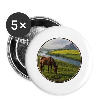 Flusslandschaft mit Pferd auf der Wiese - Buttons groß 56 mm (5er Pack) - Weiß - Vorne