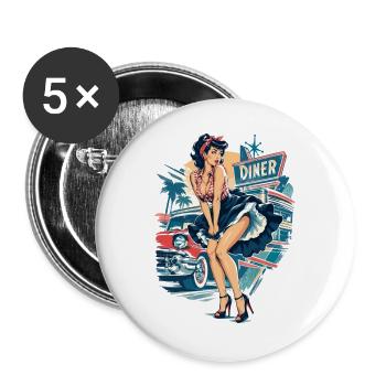 Rockabilly Pinup Girl: Vintage Kleid im Wind style - Buttons groß 56 mm (5er Pack) - Weiß - Vorne