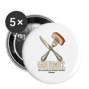 Gourmet Leberkas mit Messer und Gabel - Buttons groß 56 mm (5er Pack) - Weiß - Vorne