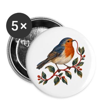 Rotkehlchen mit rotem Faden — Gartenvogel - Buttons groß 56 mm (5er Pack) - Weiß - Vorne