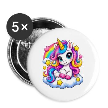 Regenbogen Unicorn auf Wolke - Buttons groß 56 mm (5er Pack) - Weiß - Vorne