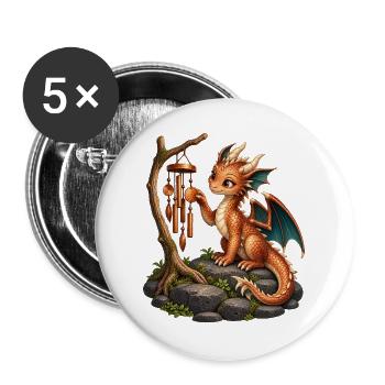 Kleiner Kupferdrache mit Windspiel - Buttons groß 56 mm (5er Pack) - Weiß - Vorne