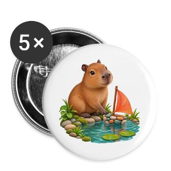Kleines Capybara am Kieselboot - Buttons groß 56 mm (5er Pack) - Weiß - Vorne
