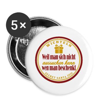 Wichteln Shirt – Lustiges Secret Santa Geschenk - Buttons groß 56 mm (5er Pack) - Weiß - Vorne
