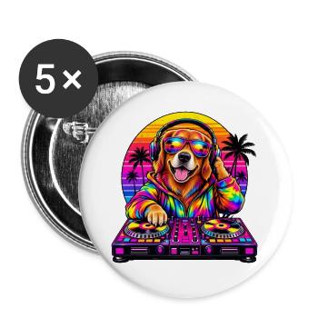 Neon-DJ-Hund in Sunset Palms - Buttons groß 56 mm (5er Pack) - Weiß - Vorne