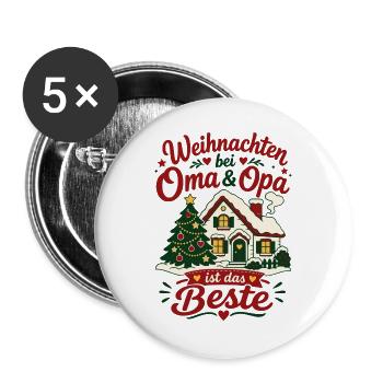 Weihnachten bei Oma und Opa Enkel Kinder - Buttons groß 56 mm (5er Pack) - Weiß - Vorne