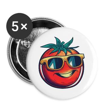 Lachende Tomate mit gelber Sonnenbrille - Buttons groß 56 mm (5er Pack) - Weiß - Vorne