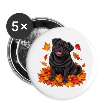 Schwarzer Mops mit bunten Blättern - Buttons groß 56 mm (5er Pack) - Weiß - Vorne