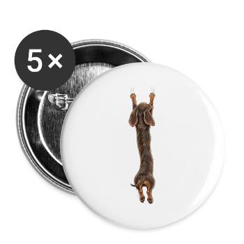 Hängender Dackel von hinten gesehen – Witziger Hund auf einem Kofferraum - Buttons groß 56 mm (5er Pack) - Weiß - Vorne