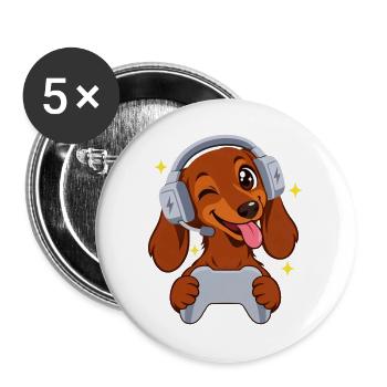 Gaming Dackel Dachshund mit Headset und Controller - Buttons groß 56 mm (5er Pack) - Weiß - Vorne