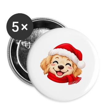 Hund süß mit Weihnachtsmütze und Schal - Buttons groß 56 mm (5er Pack) - Weiß - Vorne