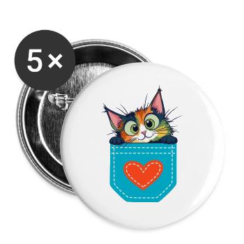Ein Kätzchen in einer Tasche mit Herz - Buttons groß 56 mm (5er Pack) - Weiß - Vorne