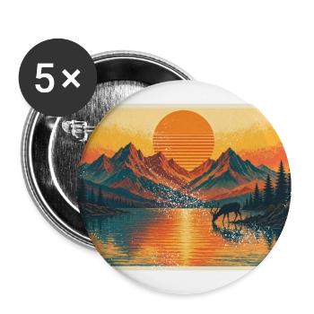 Retro Sonnenuntergang Berge See mit Hirsch - Buttons groß 56 mm (5er Pack) - Weiß - Vorne