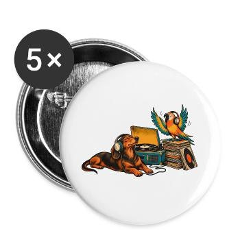 Dackel und Papagei hören Schallplatten - Buttons groß 56 mm (5er Pack) - Weiß - Vorne