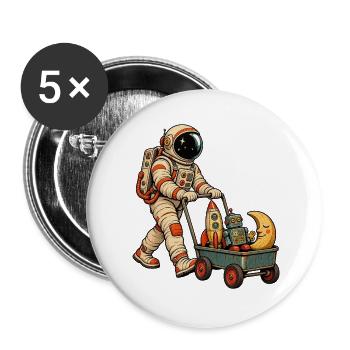 Astronaut mit Bollerwagen voller Weltraumspielzeug - Buttons groß 56 mm (5er Pack) - Weiß - Vorne