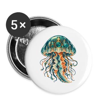 Steampunk-Qualle mit leuchtender Unterwasserstadt - Buttons groß 56 mm (5er Pack) - Weiß - Vorne