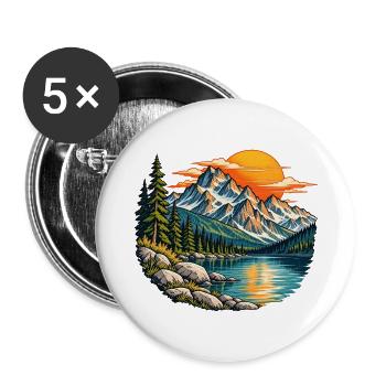 Bergsee mit Tannen und orangefarbener Sonne - Buttons groß 56 mm (5er Pack) - Weiß - Vorne