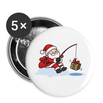 Weihnachtsmann beim Eisangeln mit Geschenk - Buttons groß 56 mm (5er Pack) - Weiß - Vorne