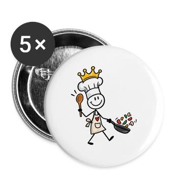 Lustiger kleiner Koch mit Krone und Pfanne - Buttons groß 56 mm (5er Pack) - Weiß - Vorne