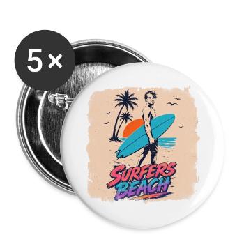Surfers Beach  Retro 80s Surf & Neon Vintage Desin - Buttons groß 56 mm (5er Pack) - Weiß - Vorne