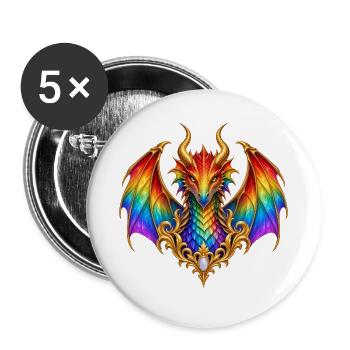 Regenbogendrache – Fantasy-Wappen in Gold - Buttons groß 56 mm (5er Pack) - Weiß - Vorne
