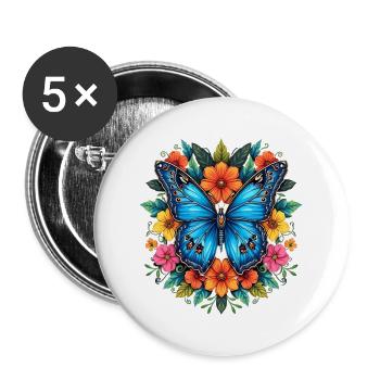 Blaues Schmetterling im Blumenring - Buttons groß 56 mm (5er Pack) - Weiß - Vorne