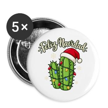 Feliz Navidad – Weihnachtskaktus mit bunter Lichte - Buttons groß 56 mm (5er Pack) - Weiß - Vorne