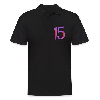 15. 15 JAHRE. 15-JÄHRIGES JUBILÄUM. 15-JÄHRIGES JUBILÄUM. - Männer Poloshirt - Schwarz - Vorne - Kai (181cm)