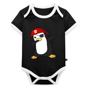 Pirat Pinguin Piraten - Baby Bio-Kurzarm-Kontrastbody - Schwarz/Weiß  - Vorne