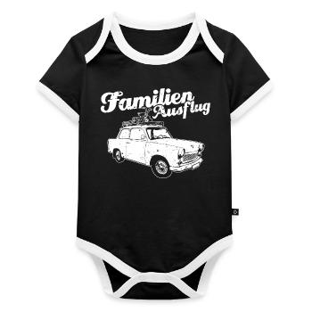 "Familienausflug" DDR Oldtimer Trabi-Motiv - Baby Bio-Kurzarm-Kontrastbody - Schwarz/Weiß  - Vorne