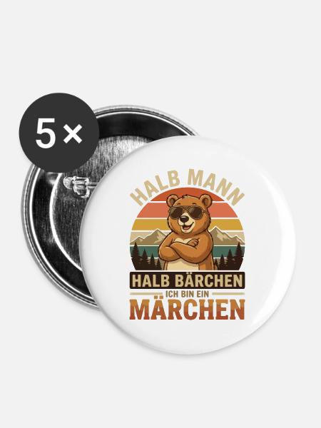 Halb Mann Halb Bärchen Motiv - Buttons mittel 32 mm (5er Pack) - Weiß