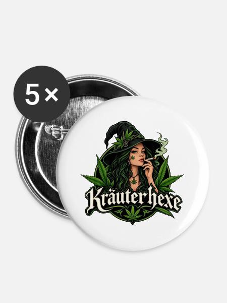 Rauchende Kräuterhexe Hanfblatt - Buttons mittel 32 mm (5er Pack) - Weiß