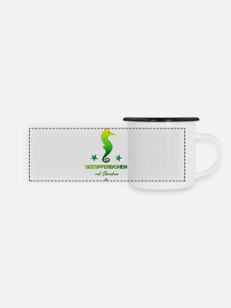 Seepferdchen mit Sternchen Schwimmabzeichen - Panorama Emaille-Tasse - Weiß/Schwarz