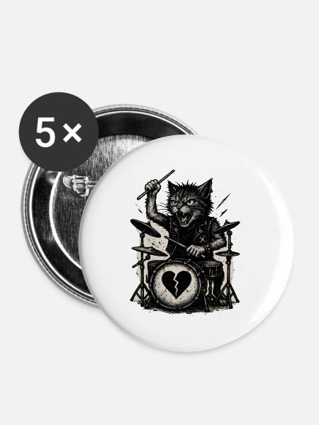 Katzen-Drummer mit gebrochenem Herz - Buttons klein 25 mm (5er Pack) - Weiß