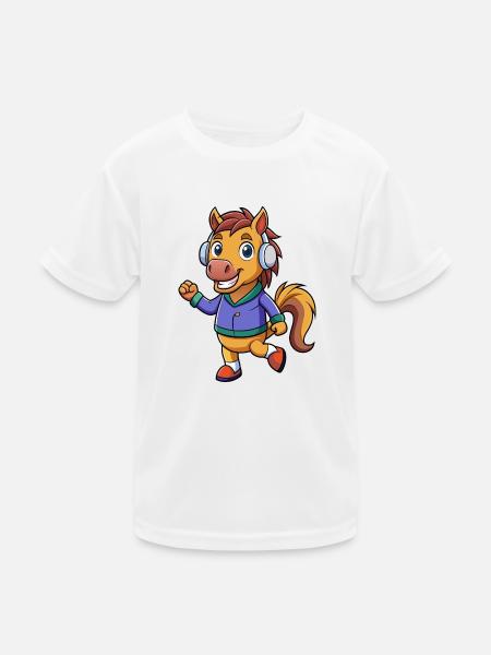 Pferd Lustige Zeichentrickfigur Kopfhörer Musik - Kinder Funktions-T-Shirt - Weiß - Vorne