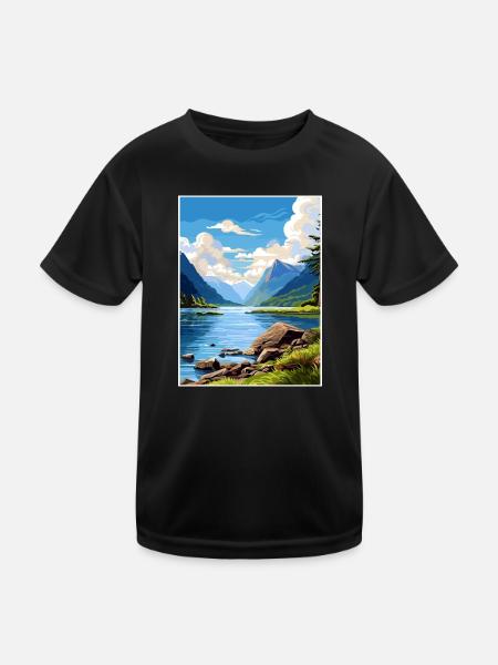 Fiordland Nationalpark Neuseeland Reiseposter - Kinder Funktions-T-Shirt - Schwarz
