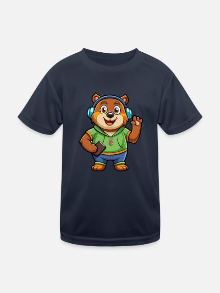 Bär Lustige Zeichentrickfigur Kopfhörer Musik - Kinder Funktions-T-Shirt - Navy - Vorne