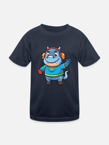 Nilpferd Lustige Zeichentrickfigur Kopfhörer Musik - Kinder Funktions-T-Shirt - Navy - Vorne