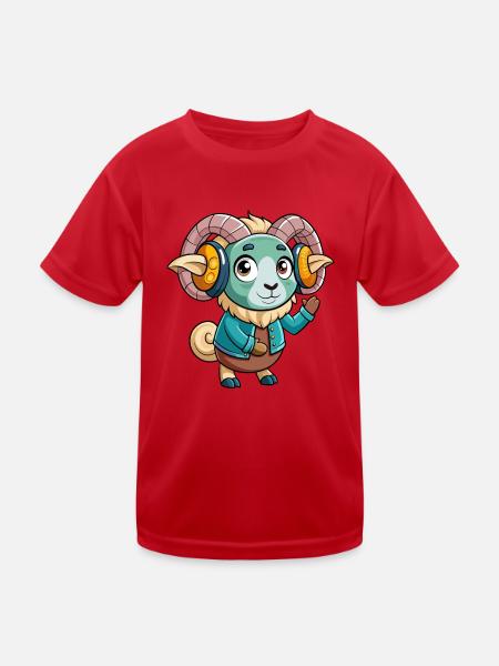 Ram Lustige Zeichentrickfigur Kopfhörer Musik - Kinder Funktions-T-Shirt - Rot - Vorne