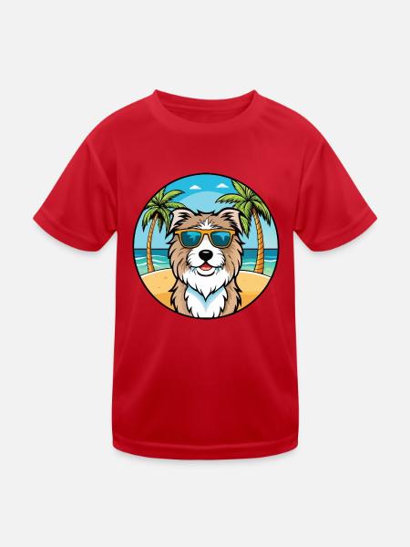 Katalanische Schäferhundrasse Cartoon Sonnenbrille Strand - Kinder Funktions-T-Shirt - Rot - Vorne
