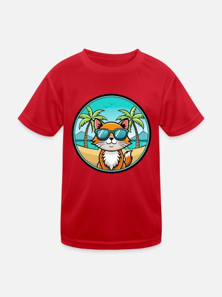 Hantilly Tiffany Katzenrasse Cartoon Sonnenbrille Strand - Kinder Funktions-T-Shirt - Rot - Vorne