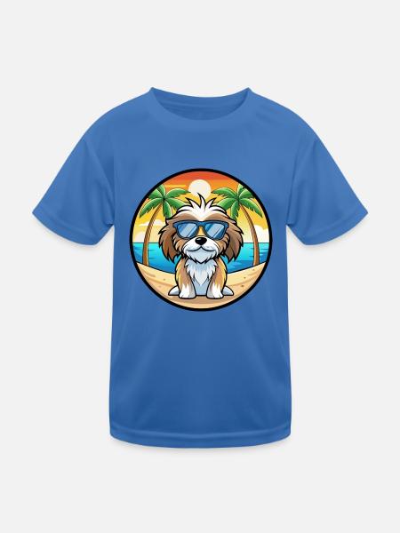 Tibetische Kyi Apso Hunderasse Cartoon Sonnenbrille Strand - Kinder Funktions-T-Shirt - Königsblau - Vorne